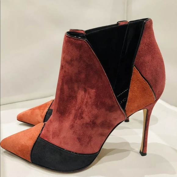 Sergio Rossi Suede Red Black Ankle Boots Heels 5.5 - Picture 5 of 10